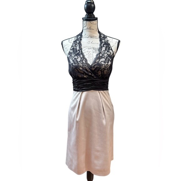 BCBG Paris Dresses & Skirts - BCBG Paris Satin and Lace Black Nude Halter Dress Women’s Size 6 NWT